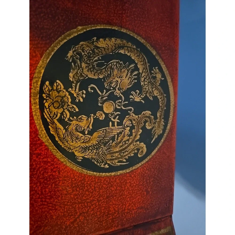 Old‎ Chinese Red lacquerware Wood Dragon Phoenix Flower Drawer Makeup Box
